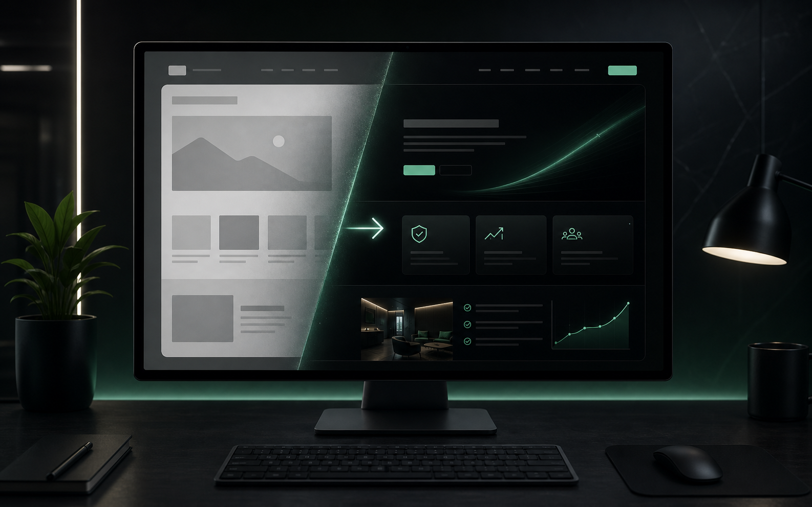 Dark before-and-after website redesign concept on a studio monitor